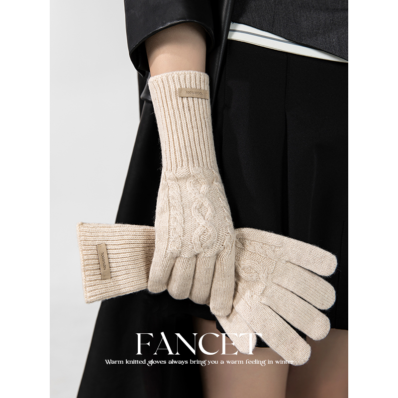 FANCET100%澳洲羊毛手套冬季女波尔多红保暖骑车针织麻花手套礼物