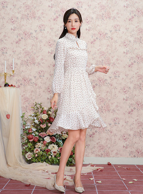 固执秋季新款中式雪纺印花长袖短款连衣裙80523LQ07571