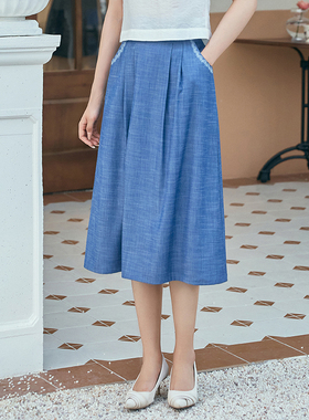 固执夏季新款学院风刺绣口袋中长款半身裙32252BQ08168