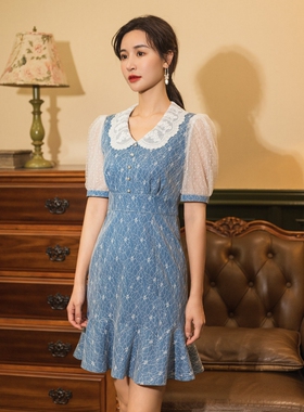 固执夏季新款短袖短款荷叶摆法式连衣裙32222LQ07014