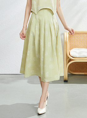 固执夏季新款中式提花百褶中长款半身a字裙40932BQ08125