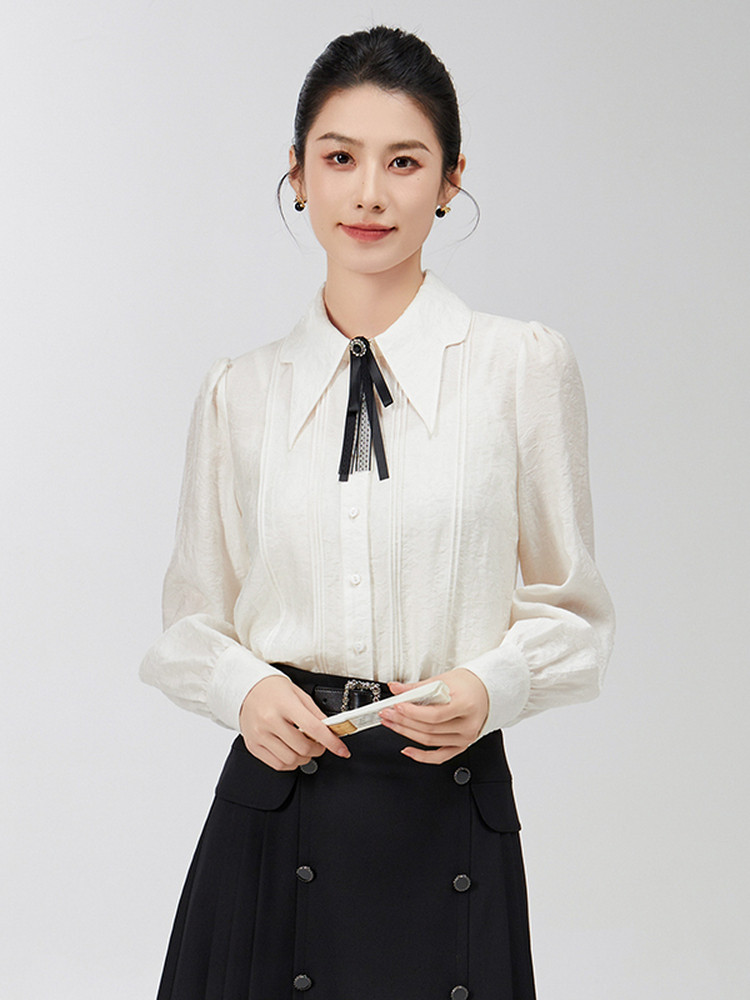 【特价】固执春季高级感提花设计感衬衫蝴蝶结长袖衬衣小衫8875