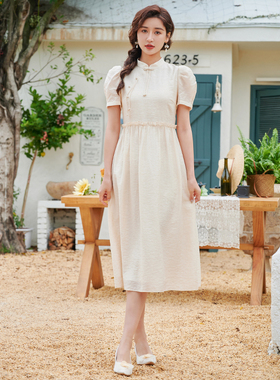固执夏季新款中式复古短袖中长连衣裙80132LQ07918