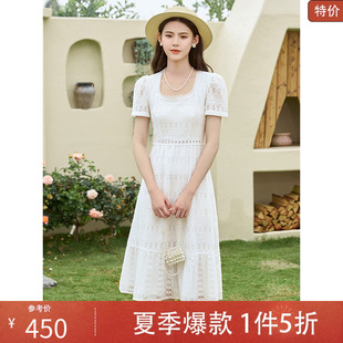 荷叶摆中长连衣裙10832LQ08064 固执2025夏季 新款 法式 气质方领短袖
