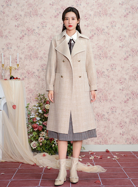 固执秋冬新款格子双面毛呢大衣外套女80123MT07690