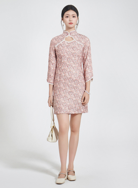 固执新款粉橙碎花短款钉珠七分袖改良版旗袍连衣裙女50113QP06880