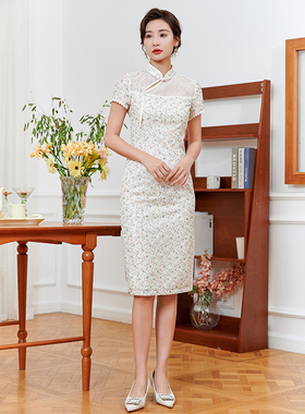 固执夏季新款中式蕾丝短袖旗袍中长款碎花连衣裙80132QP07825