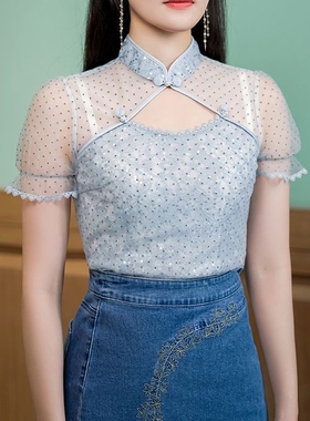 固执夏季新款中式少女感短袖上衣浅蓝色蕾丝衫女32412XS06504 9.6