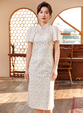 固执夏季新款中国风短袖蕾丝碎花旗袍中长连衣裙42632QP08050