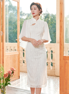 固执夏季新款荷叶中袖蕾丝中长款改良旗袍连衣裙80132QP07891