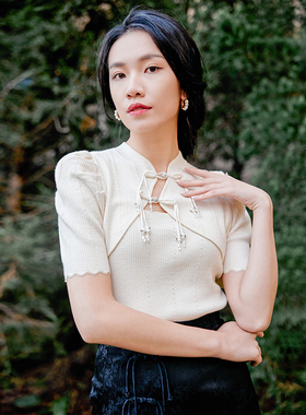 固执夏季新款中式复古立领杏色短袖针织衫上衣女80131MY07957