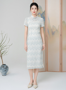 固执夏季新款中式立领短袖蕾丝中长款旗袍连衣裙32442QP09091