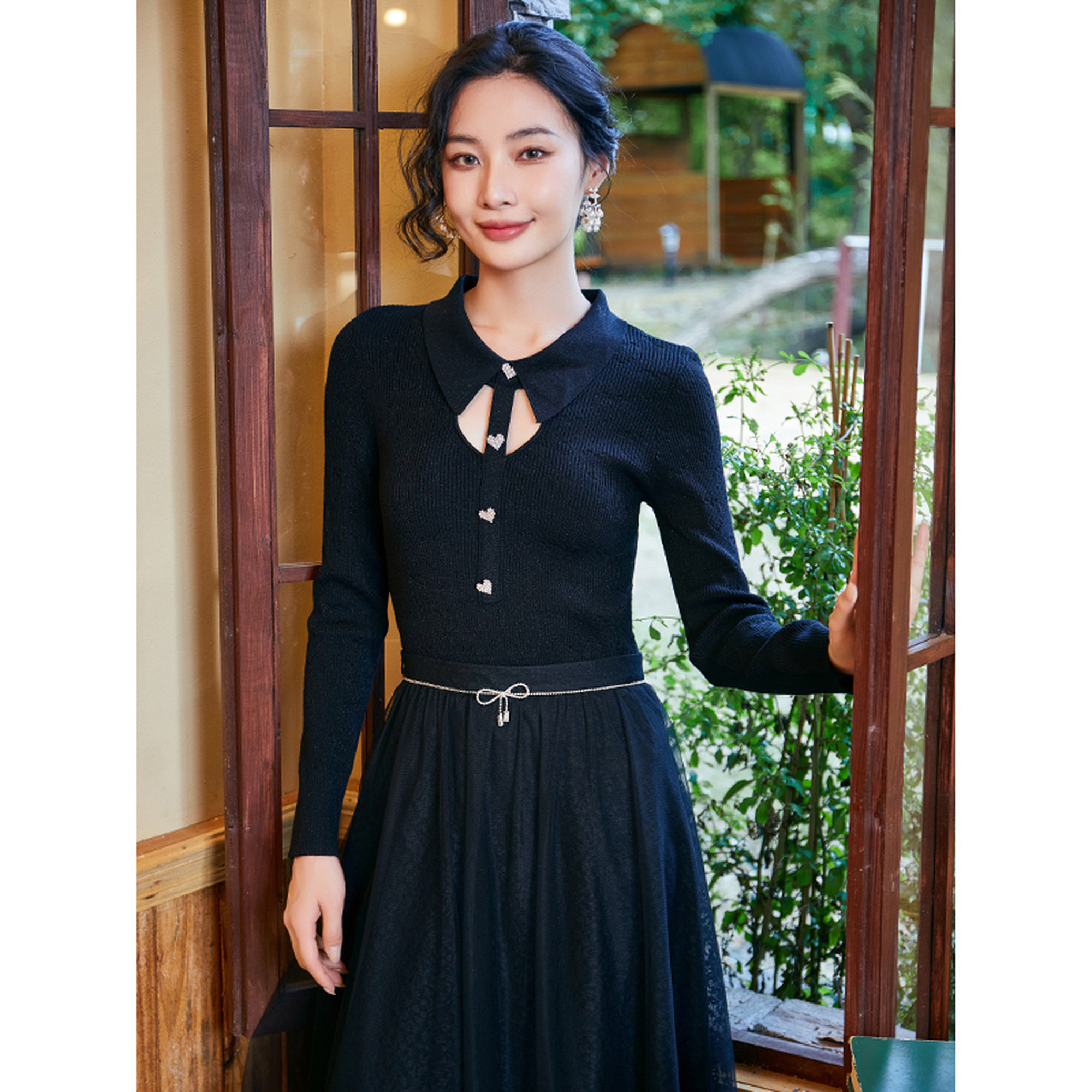 固执新款学院风翻领长袖针织衫毛衣女装00033MY08554