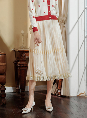 固执春季新款松紧腰蕾丝网纱中长半身裙80131BQ07980