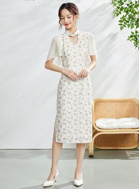 固执夏季新款中国风短袖碎花蕾丝中长旗袍连衣裙80132QP08041