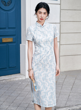 固执夏季新款中式短袖蕾丝中长款改良旗袍连衣裙32442QP09109