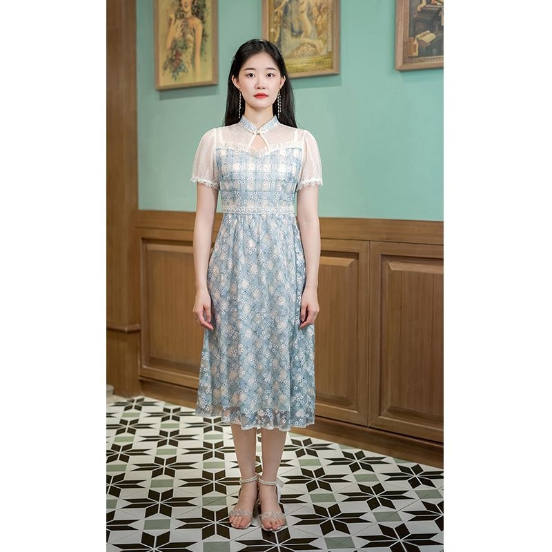 夏季中式印花蕾丝格子短袖连衣裙