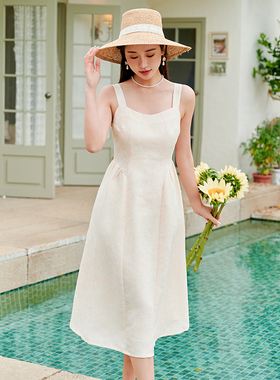 固执夏季新款法式复古提花吊带中长款背带连衣裙50832LQ07866