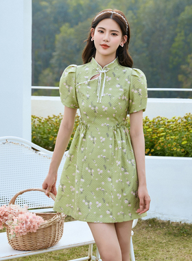 固执夏季新款中国风泡泡短袖印花短款连衣裙40932LQ08218
