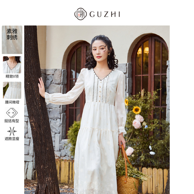 固执新款学院风刺绣镂空长袖中长款连衣裙80133LQ08276