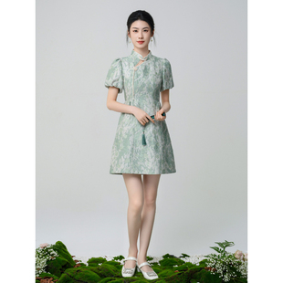 【5折】固执夏季新中式古韵清雅风薄荷绿短款短袖改良旗袍8885