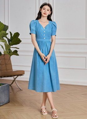 固执夏季新款气质v领泡泡短袖中长款连衣裙32252LQ08175