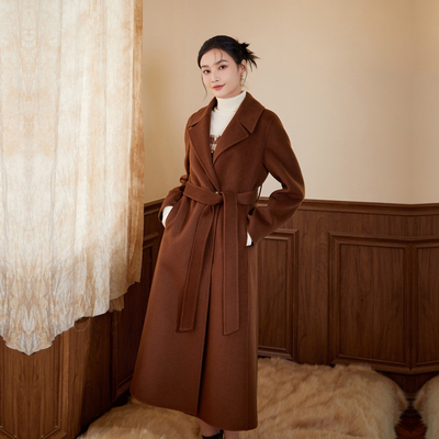 固执新款学院绑带双面毛呢大衣中长外套女97234MT08666