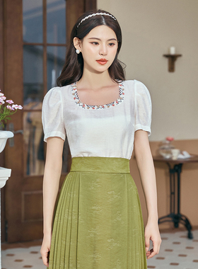 固执夏季新款中式短袖刺绣上衣女装10832TX08054