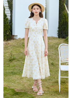 固执夏季新款法式气质泡泡袖长款碎花连衣裙50032LQ08134