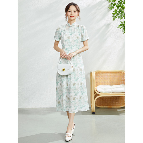 固执夏季印花立领新中式连衣裙女