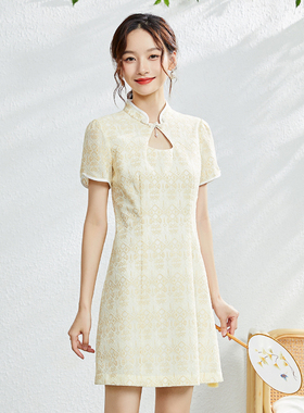 固执夏季新款中国风立领蕾丝短袖旗袍短款连衣裙80132QP08130