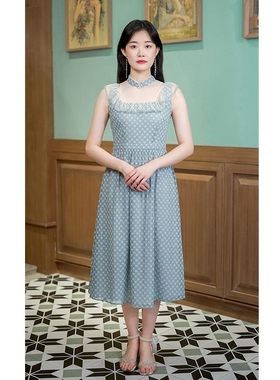 固执无袖立领小清新灰湖绿碎花中长连衣裙女41112LQ06576 8.15