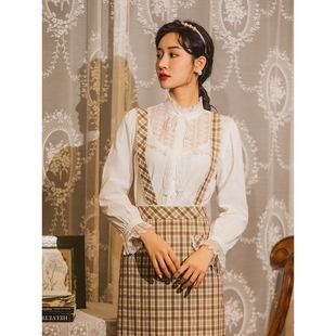 领纯棉衬衫 复古设计感拼接蕾丝荷叶泡泡长袖 女 新款 固执春季