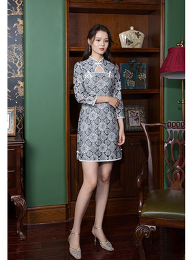 固执2024秋季新款复古修身蕾丝高短款改良旗袍连衣裙01103QP05755