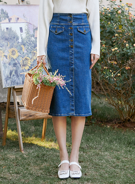 固执春季新款学院风高腰开衩排扣中长牛仔a字裙32251BQ07937