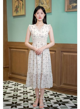 固执夏季新款碎花中长短袖v领连衣裙80112LQ06464 8.25