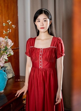 固执夏季新款欧式方领短袖荷叶边中长连衣裙22422LQ07465