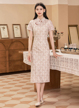 固执夏款女年新款中国风短袖蕾丝印花中长款旗袍24832QP08038