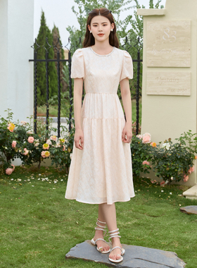 固执夏季新款法式复古圆领泡泡短袖中长款连衣裙80532LQ08174