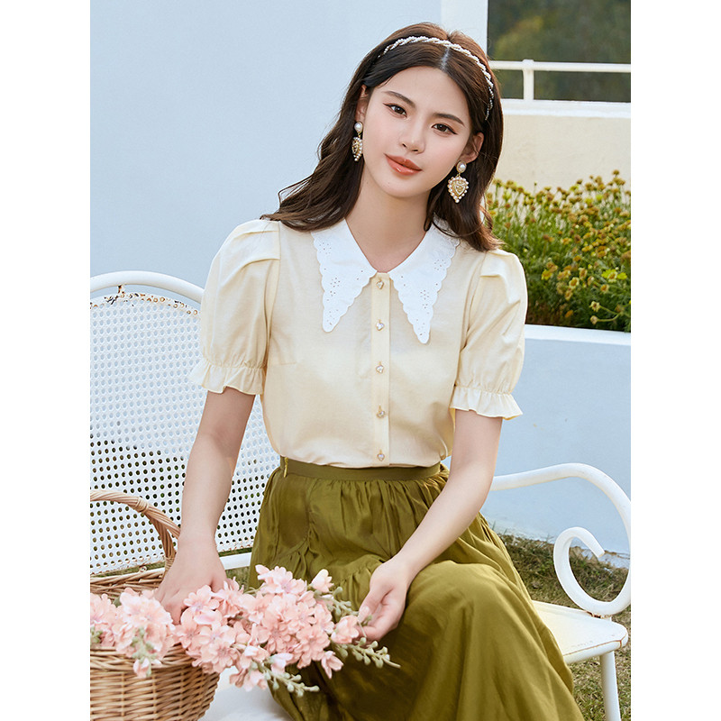 固执夏季新款法式刺绣翻领泡泡衫衬衫上衣女装50032CS08189