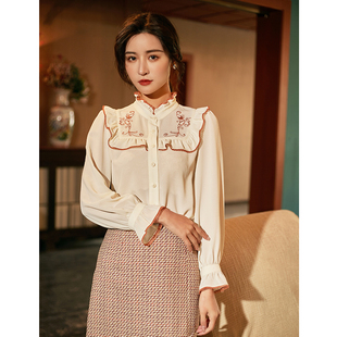 杏色衬衫 绣花系带长袖 上衣女 复古知性风荷叶边喇叭袖 固执新款