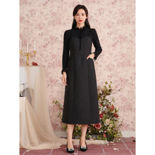 固执秋冬新款 复古宫廷风背带裙黑色提花带口袋吊带连衣裙女 法式