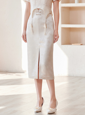 固执夏季新款中式复古开衩中长半身裙80132BQ08072