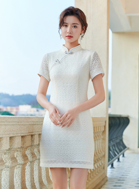 固执夏季新款中式短袖短款蕾丝旗袍连衣裙80132QP07890