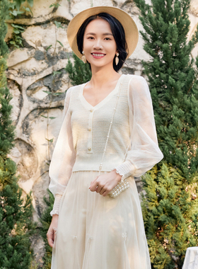 固执春季新款复古方领拼接网纱长袖针织毛衣女32431MY07925