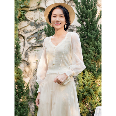 固执新款复古方领拼接网纱长袖针织毛衣女32431MY07925