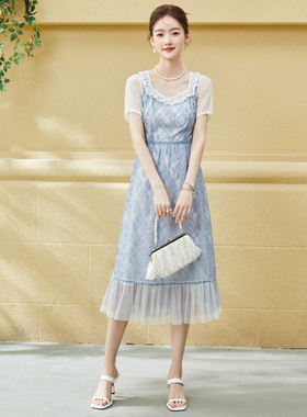 固执夏季新款欧式短袖中长蕾丝连衣裙30022LQ07025