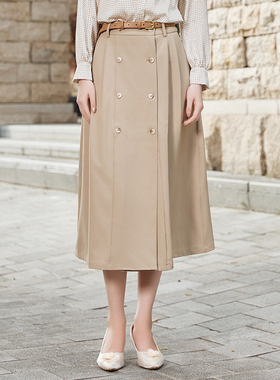 固执新款学院风双排扣腰带中长款半身裙90133BQ08287
