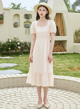固执夏款女年新款法式方领短袖中长款连衣裙80532LQ08079
