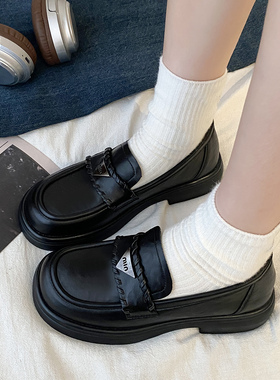 娇彤 英伦风厚底增高乐福鞋女黑色漆皮一脚蹬小皮鞋复古百搭单鞋